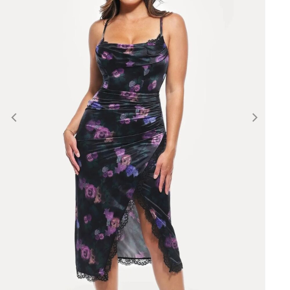 Popilush Lace Trim Sculpting Floral Print Midi Dress 3XL